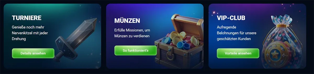 Three German feature cards promoting tournaments, coins, and the VIP club, each with a green call-to-action button and illustrated rewards on a dark blue background.