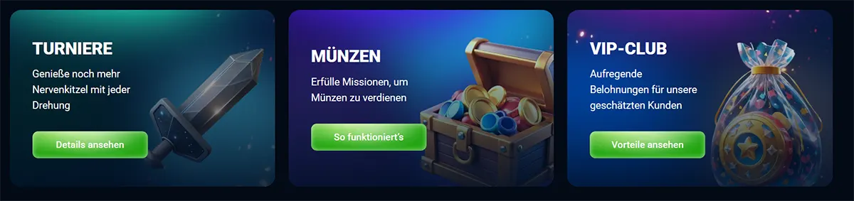 Three German feature cards promoting tournaments, coins, and the VIP club, each with a green call-to-action button and illustrated rewards on a dark blue background.