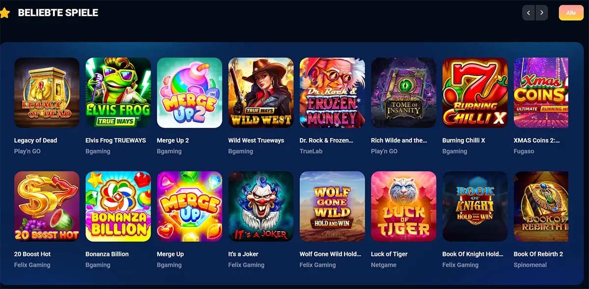 German casino popular games section showing a grid of slot titles including Legacy of Dead, Elvis Frog Trueways, Merge Up 2, Wild West Trueways, Dr. Rock & Frozen Monkey, Rich Wilde and the Tome of Insanity, Burning Chilli X, 20 Boost Hot, Bonanza Billion, It’s a Joker, Wolf Gone Wild Hold and Win, Luck of Tiger, and Book of Rebirth 2 on a dark blue interface.