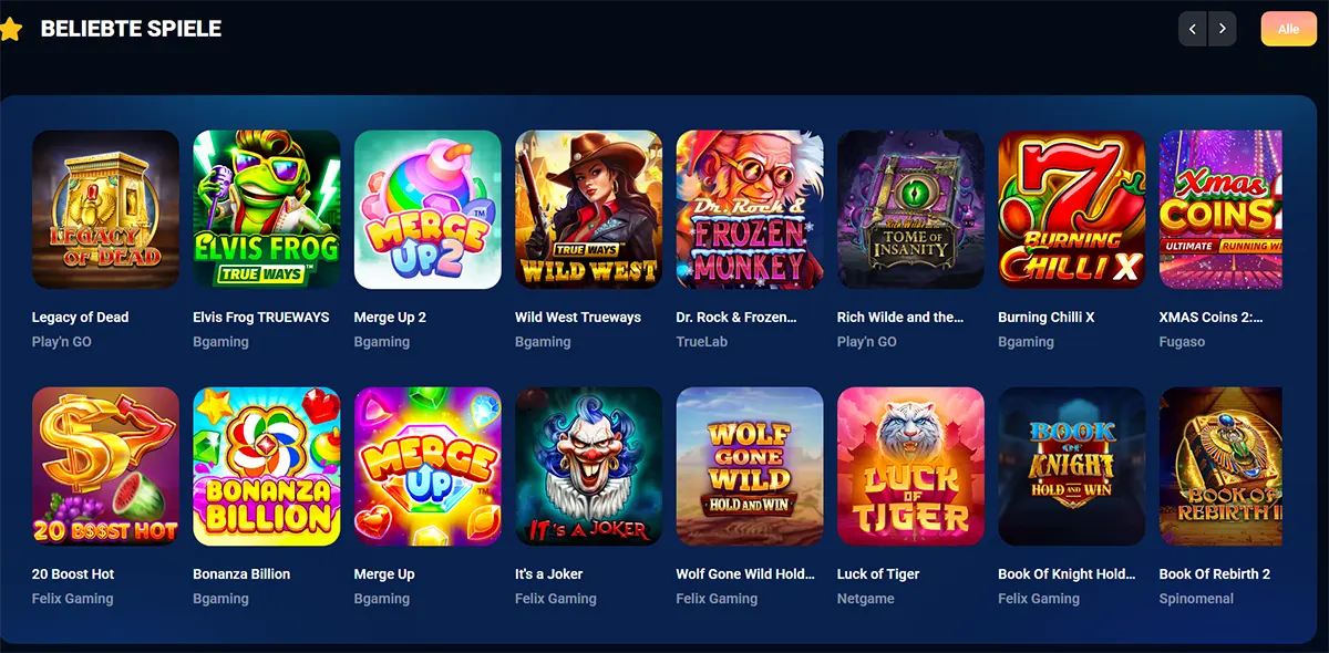 German casino popular games section showing a grid of slot titles including Legacy of Dead, Elvis Frog Trueways, Merge Up 2, Wild West Trueways, Dr. Rock & Frozen Monkey, Rich Wilde and the Tome of Insanity, Burning Chilli X, 20 Boost Hot, Bonanza Billion, It’s a Joker, Wolf Gone Wild Hold and Win, Luck of Tiger, and Book of Rebirth 2 on a dark blue interface.