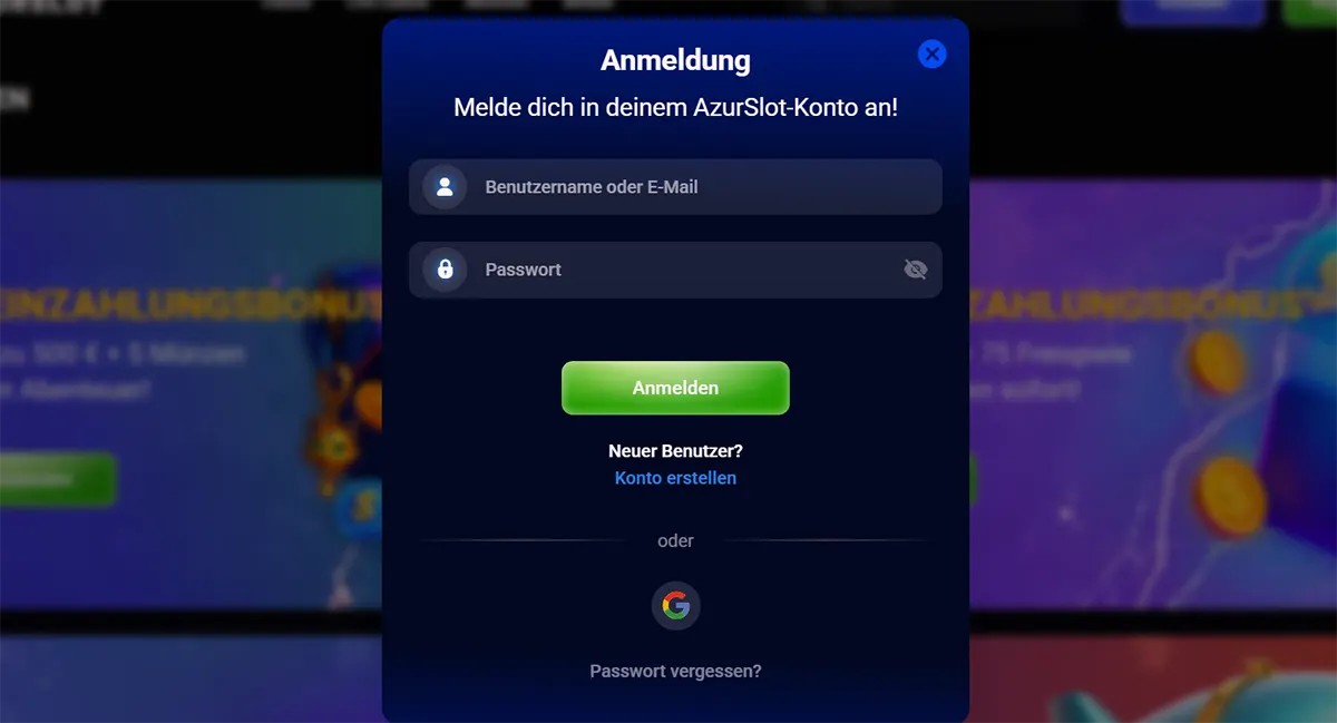 German casino login popup with fields for username or email and password, a green “Anmelden” button, account creation link, Google sign-in option, and blurred bonus banners in the background.