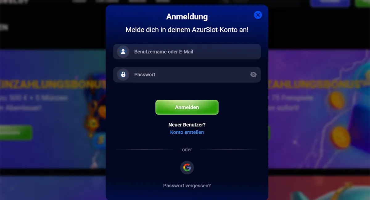 German casino login popup with fields for username or email and password, a green “Anmelden” button, account creation link, Google sign-in option, and blurred bonus banners in the background.